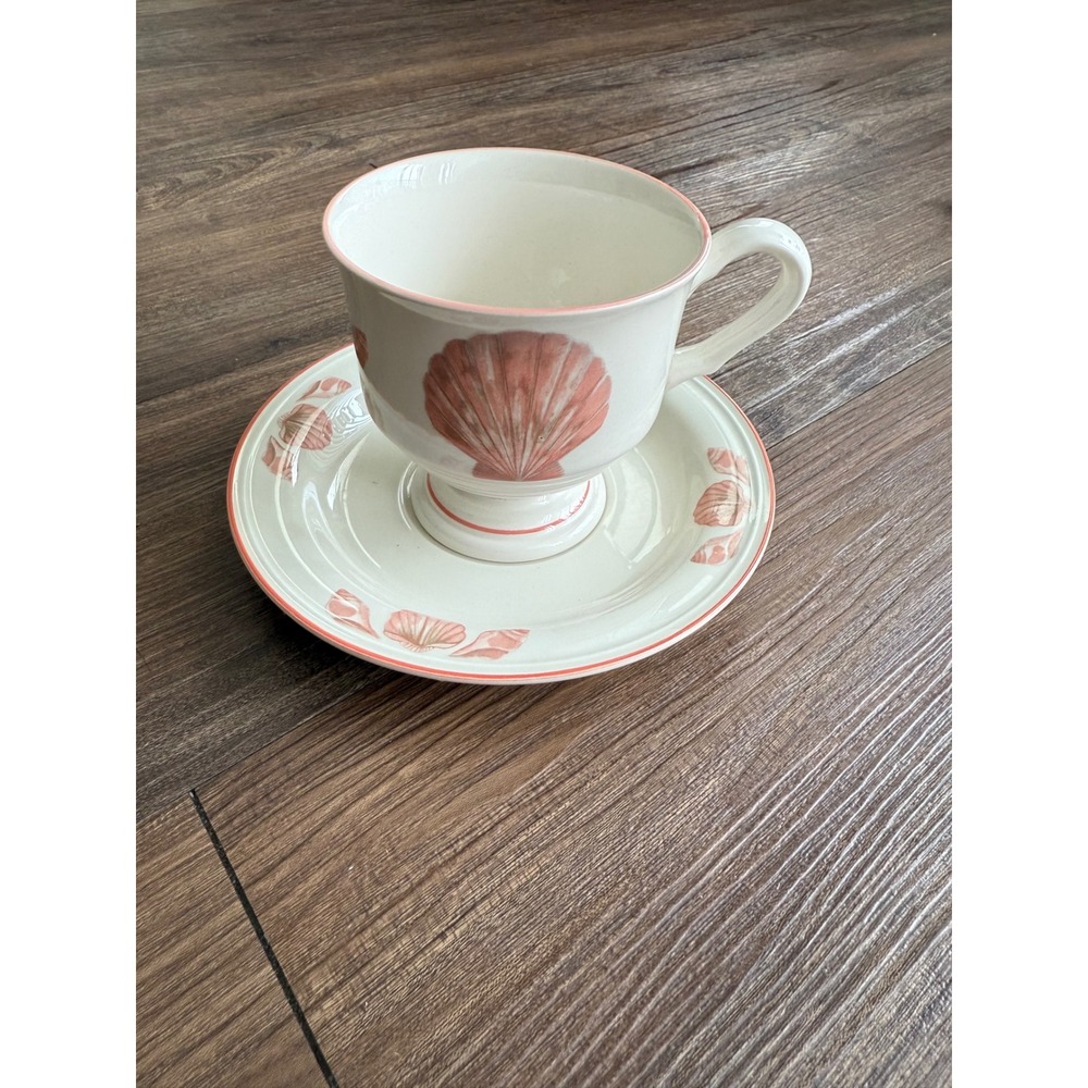 Sangostone Coquille Seashell Cup and Saucer Set Vintage Coastal Peach Stoneware